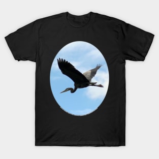 Great Blue Heron Flying Past the Clouds Above Trojan Pond T-Shirt